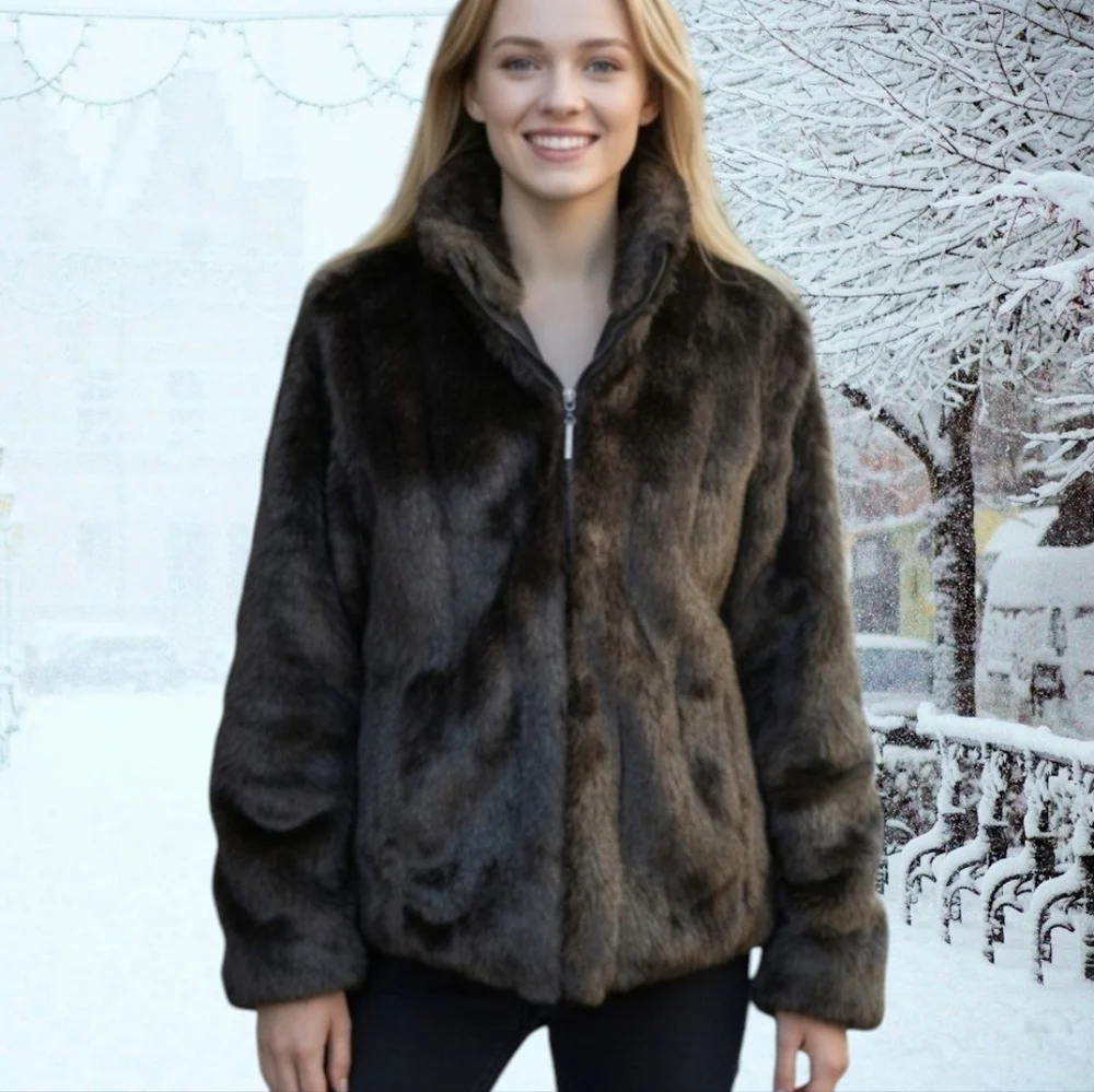 Vtg Faux Mink Fur Jacket Atelier reversible plush black Old Money warm zip sz S - Picture 1 of 11